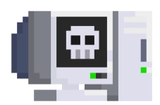 Illustration d'un mini ordinateur portable avec un écran affichant une tête de mort.