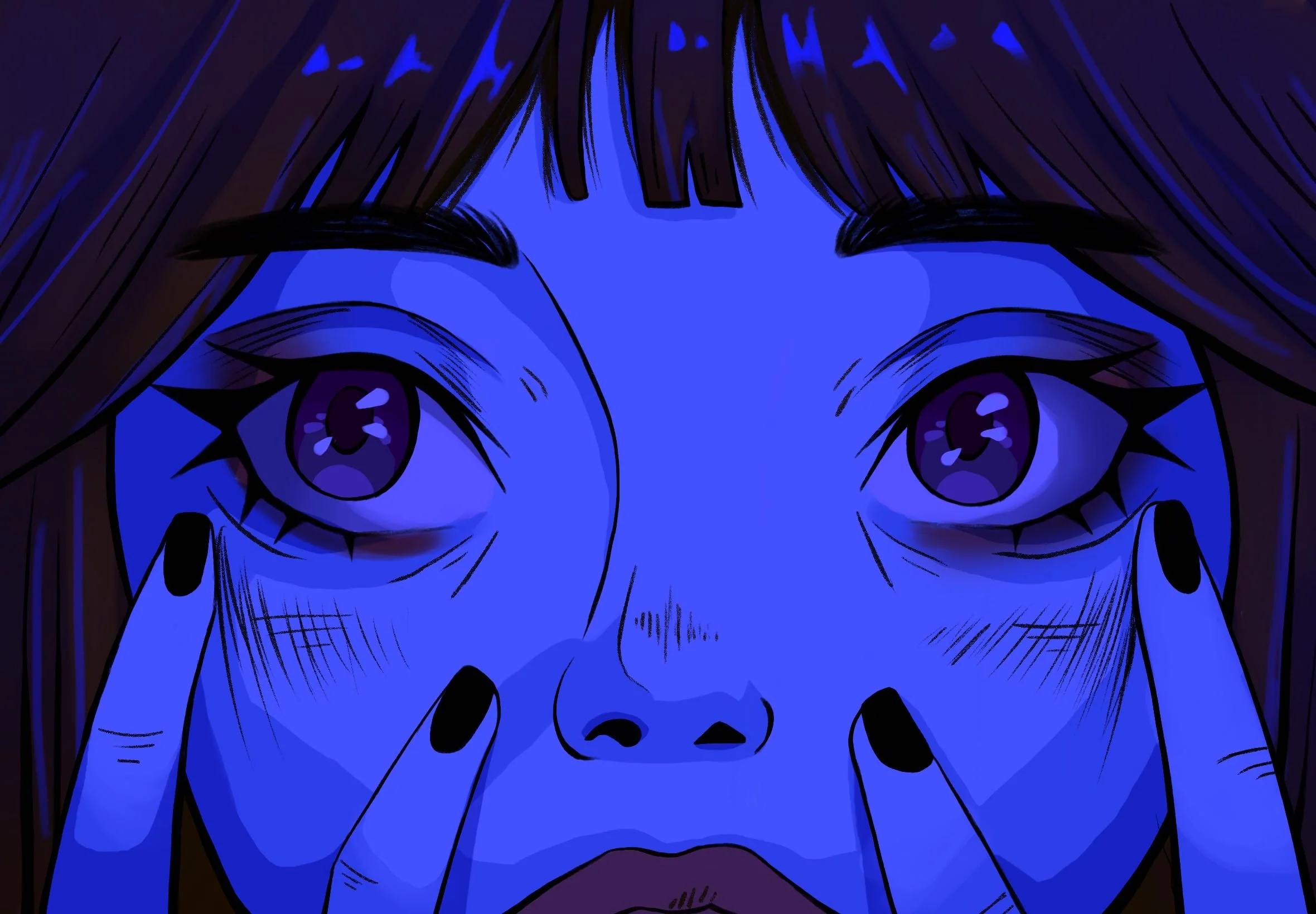 Close-up on a girl stretching her eyes open.