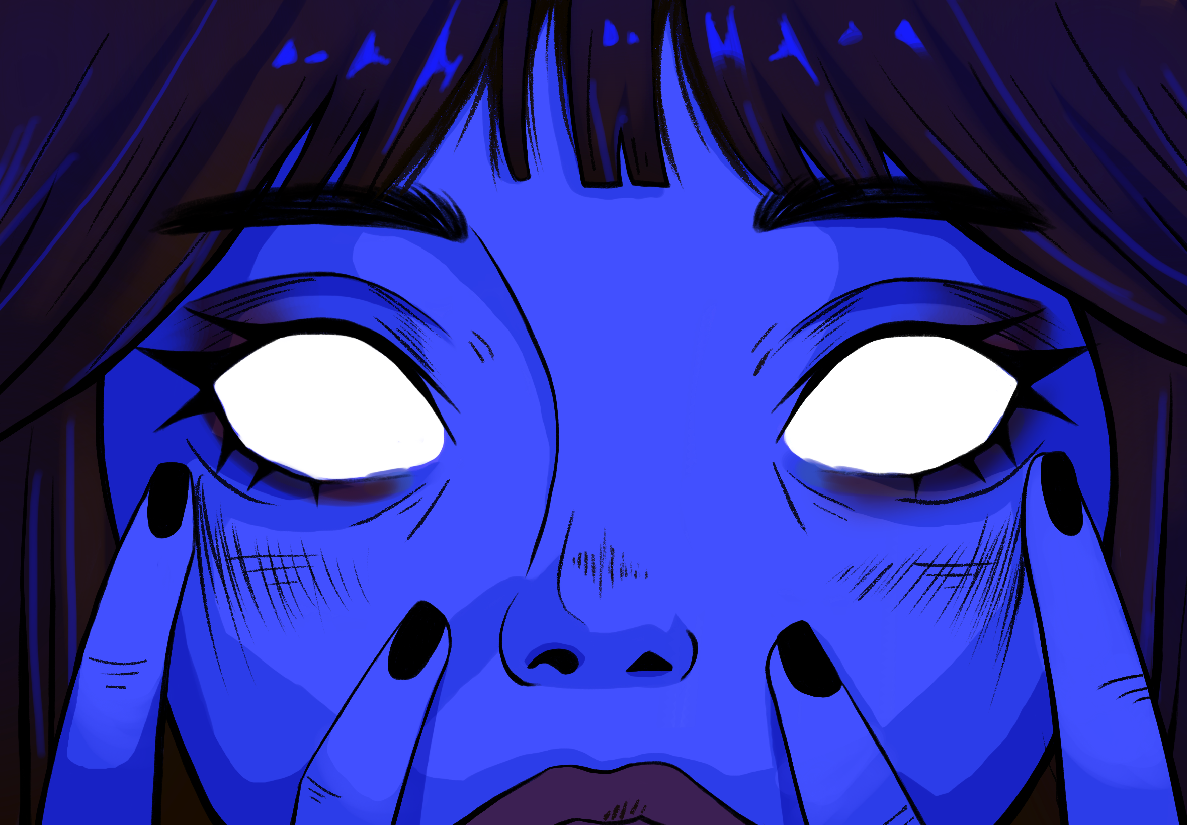 Close-up on a girl stretching her eyes open.